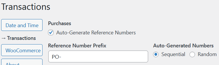 Purchase order reference number generation setting