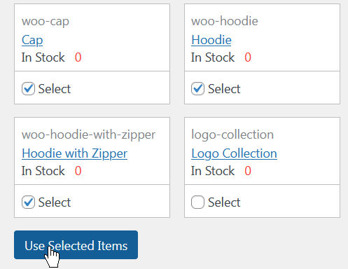 Add selected inventory items to the new purchase order